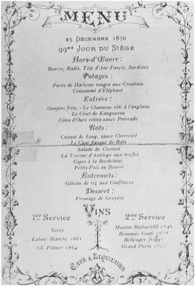 Menu illustré du restaurant Voisin, daté du 25 décembre 1870
