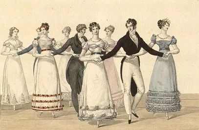 Gravure de danseurs et de danseuses en tenues du Premier Empire