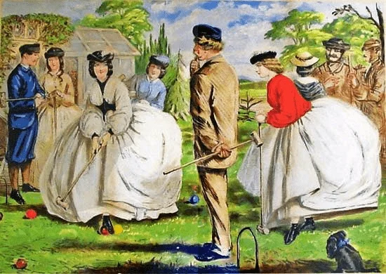 Illustration en couleurs d’une partie de croquet